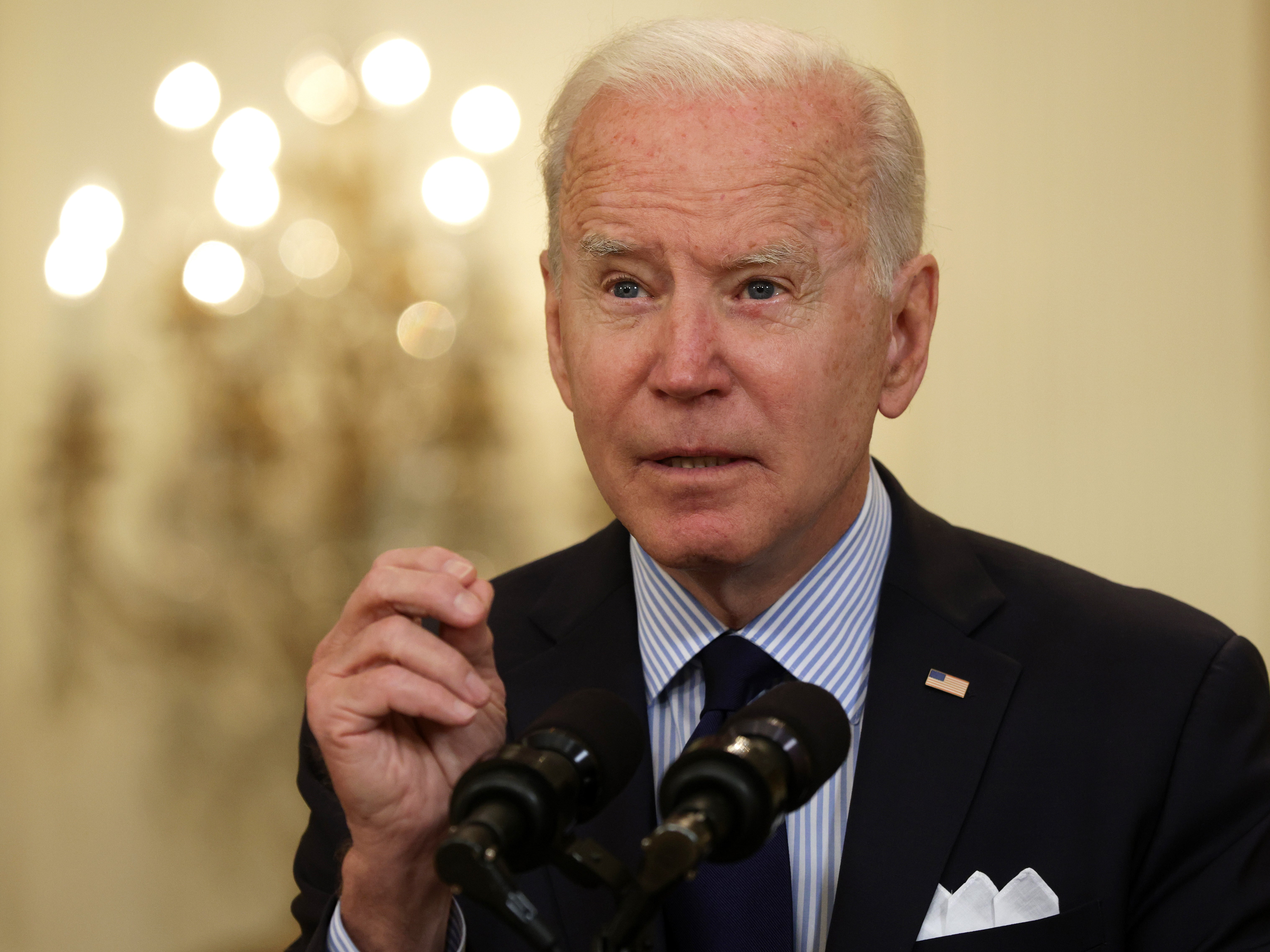 <p>President Joe Biden speaks on job numbers from April, 2021 at the East Room of the White House on 7 May, 2021 in Washington, DC</p>