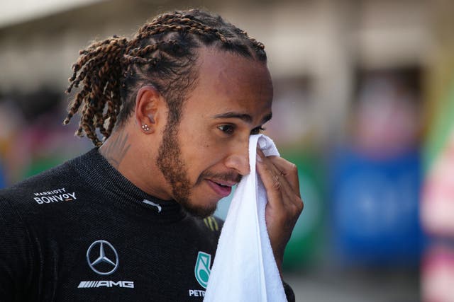 Lewis Hamilton reacts after taking pole position for Sunday’s Grand Prix of Spain