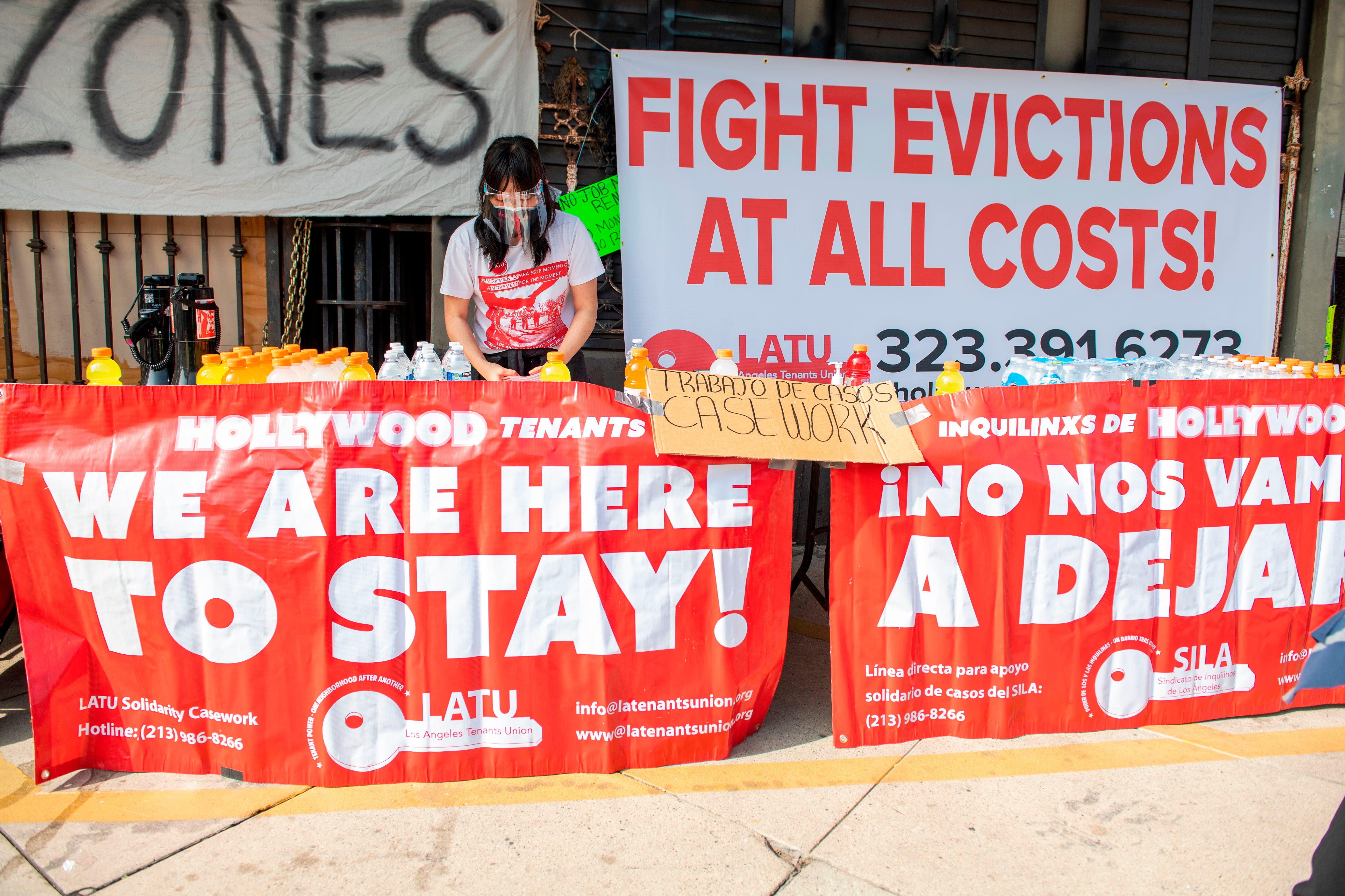 Members of the Los Angeles Tenants Union protest against evictions and give out food for the homeless on February 8, 2021 in Hollywood, California.