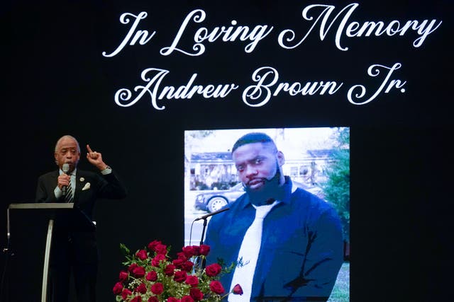 <p>File-This May 3, 2021, file photo shows Rev. Al Sharpton speaking during the funeral for Andrew Brown Jr.,  at Fountain of Life Church in Elizabeth City, N.C.  </p>