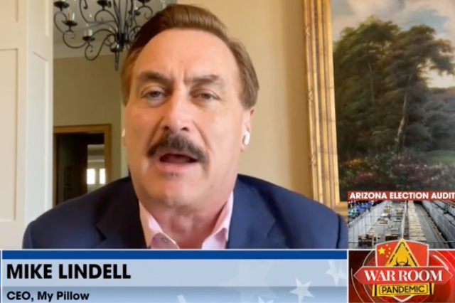 <p>Mike Lindell, CEO of MyPillow, in an appearance on Steve Bannon’s podcast ‘War Room’ on 8 May, 2021</p>