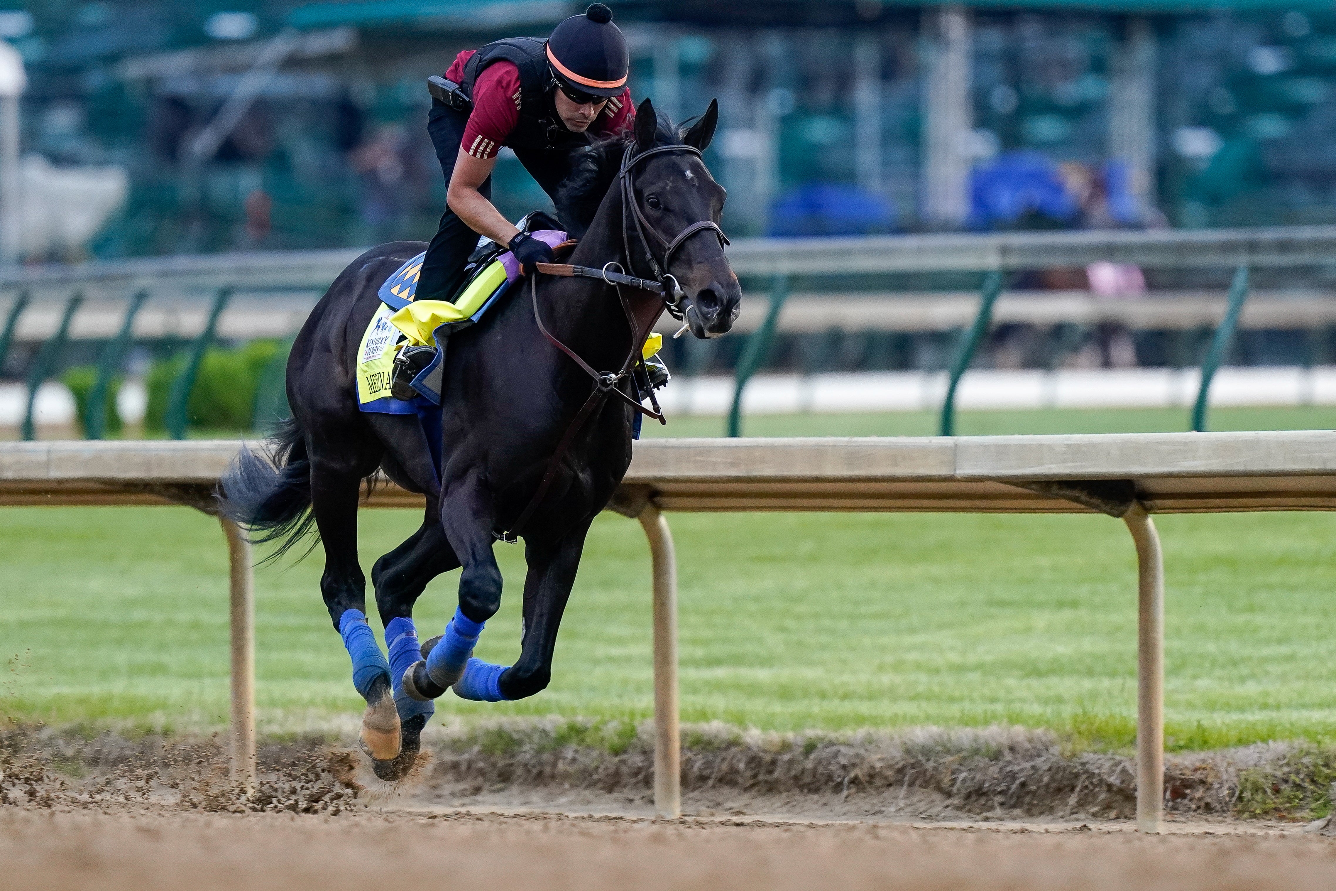 <p>Kentucky Derby winner Medina Spirit, a horse trained by Bob Baffert, runs on the track at Churchill Downs in Louisville, Kentucky, US on 28 April, 2021</p>
