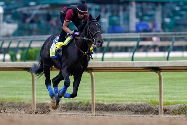 <p>Kentucky Derby winner Medina Spirit, a horse trained by Bob Baffert, runs on the track at Churchill Downs in Louisville, Kentucky, US on 28 April, 2021</p>