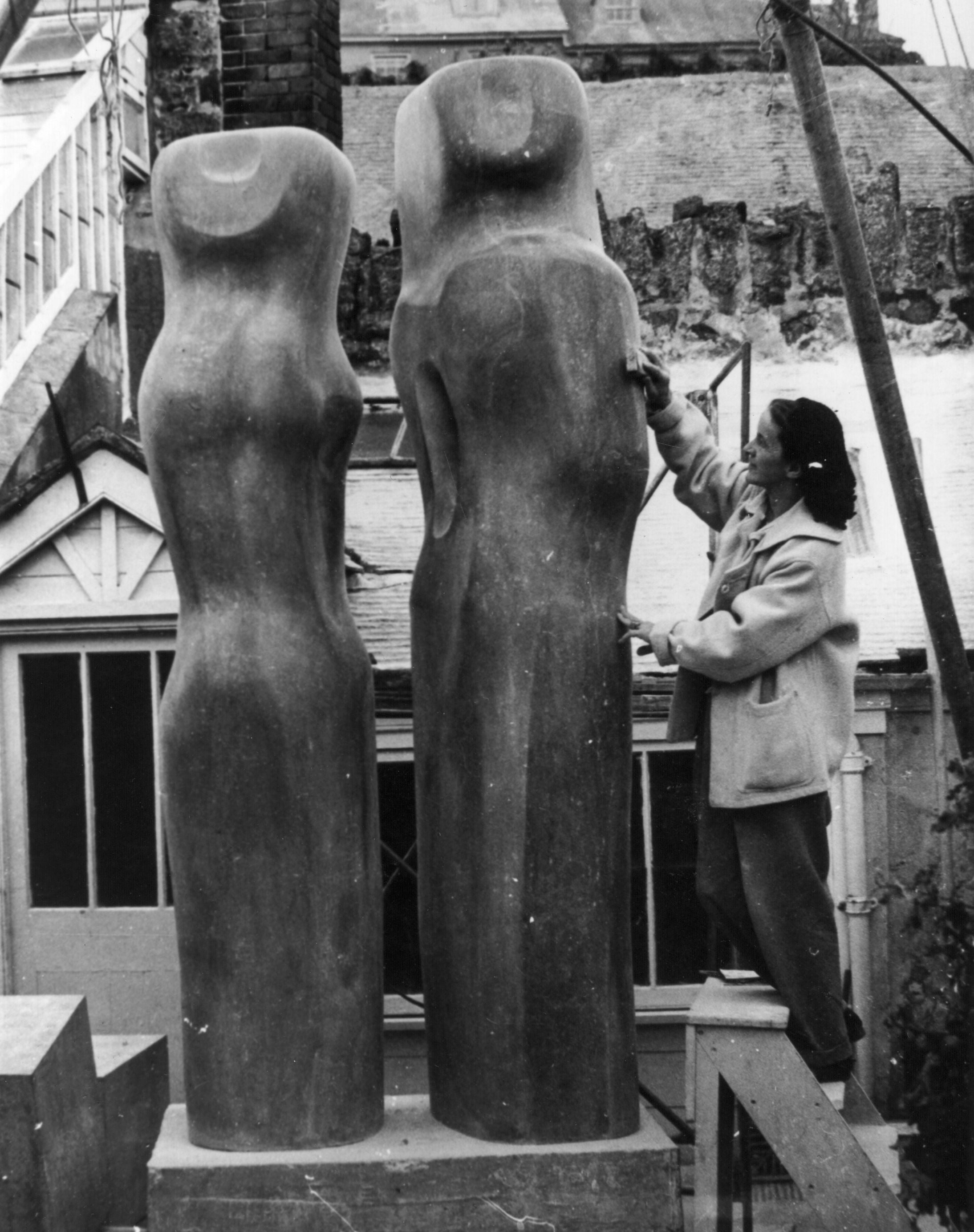 March 1951: Hepworth at work on her sculptural piece ‘Contrapuntal Forms’ at her studio in St Ives