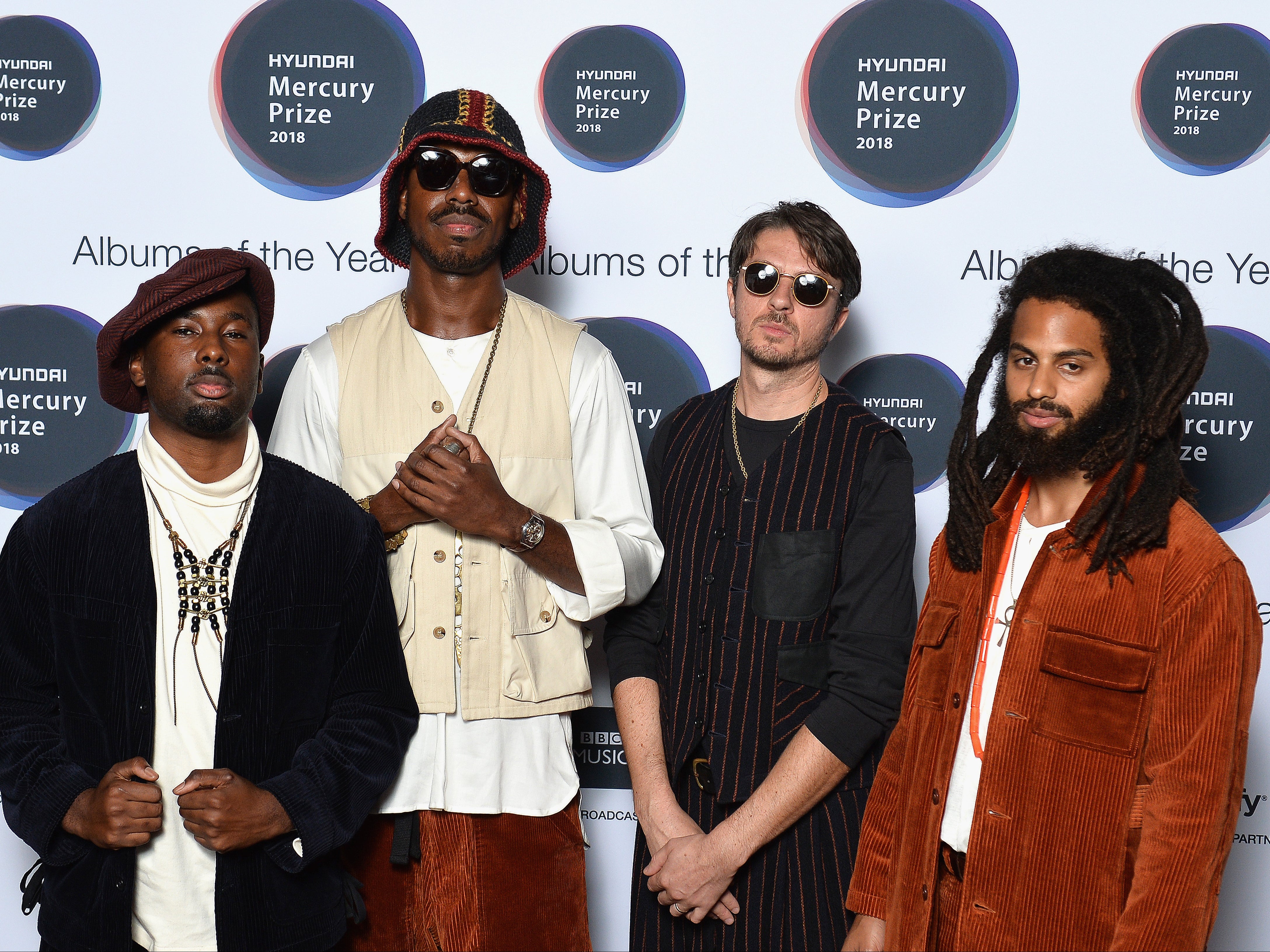 Sons of Kemet at the 2018 Mercury Prize, L-R: Theon Cross, Shabaka Hutchings, Tom Skinner and Eddie Hick