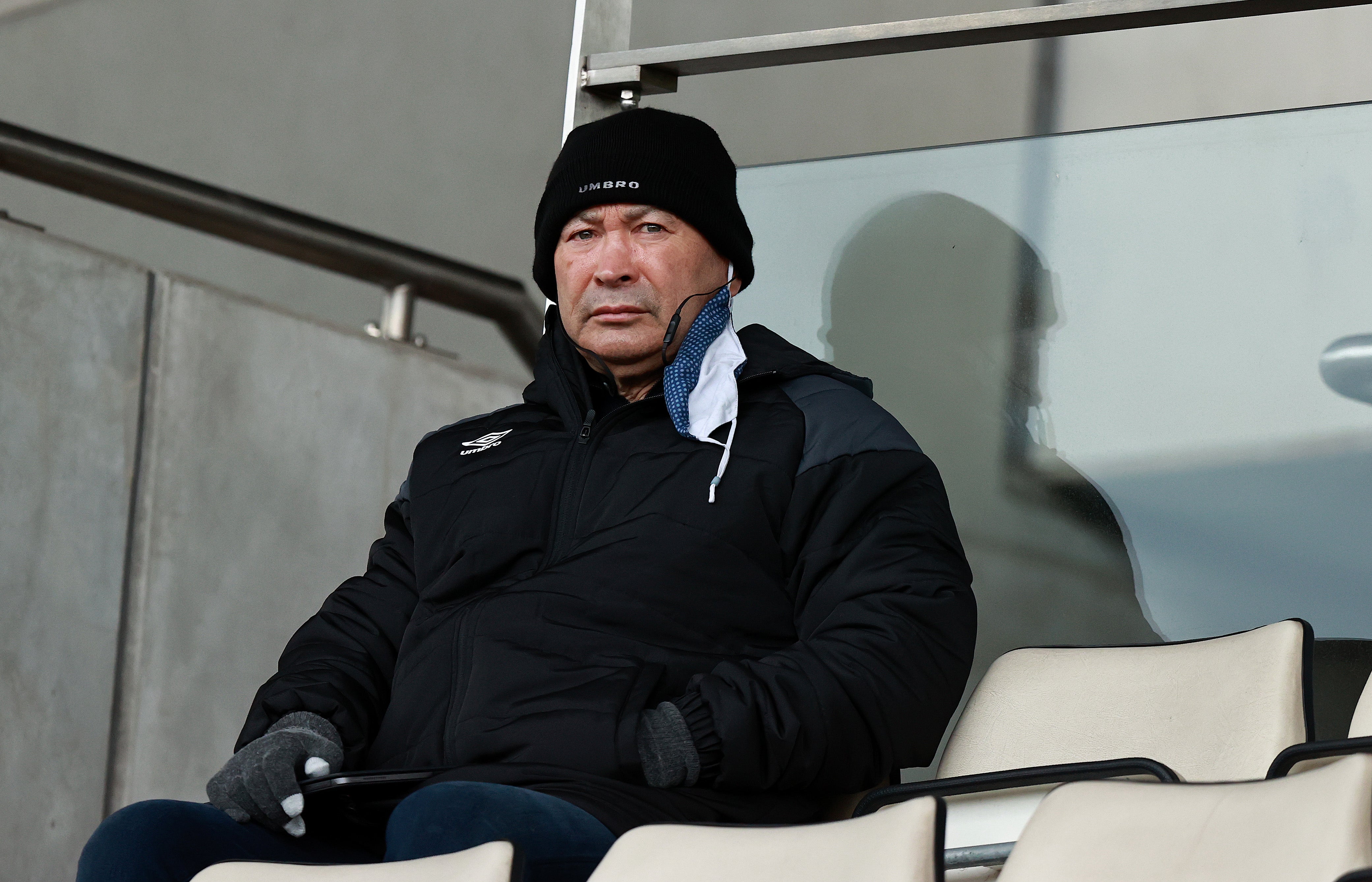 Eddie Jones, the England head coach looks on during the Gallagher Premiership Rugby match between Leicester Tigers and Newcastle Falcons