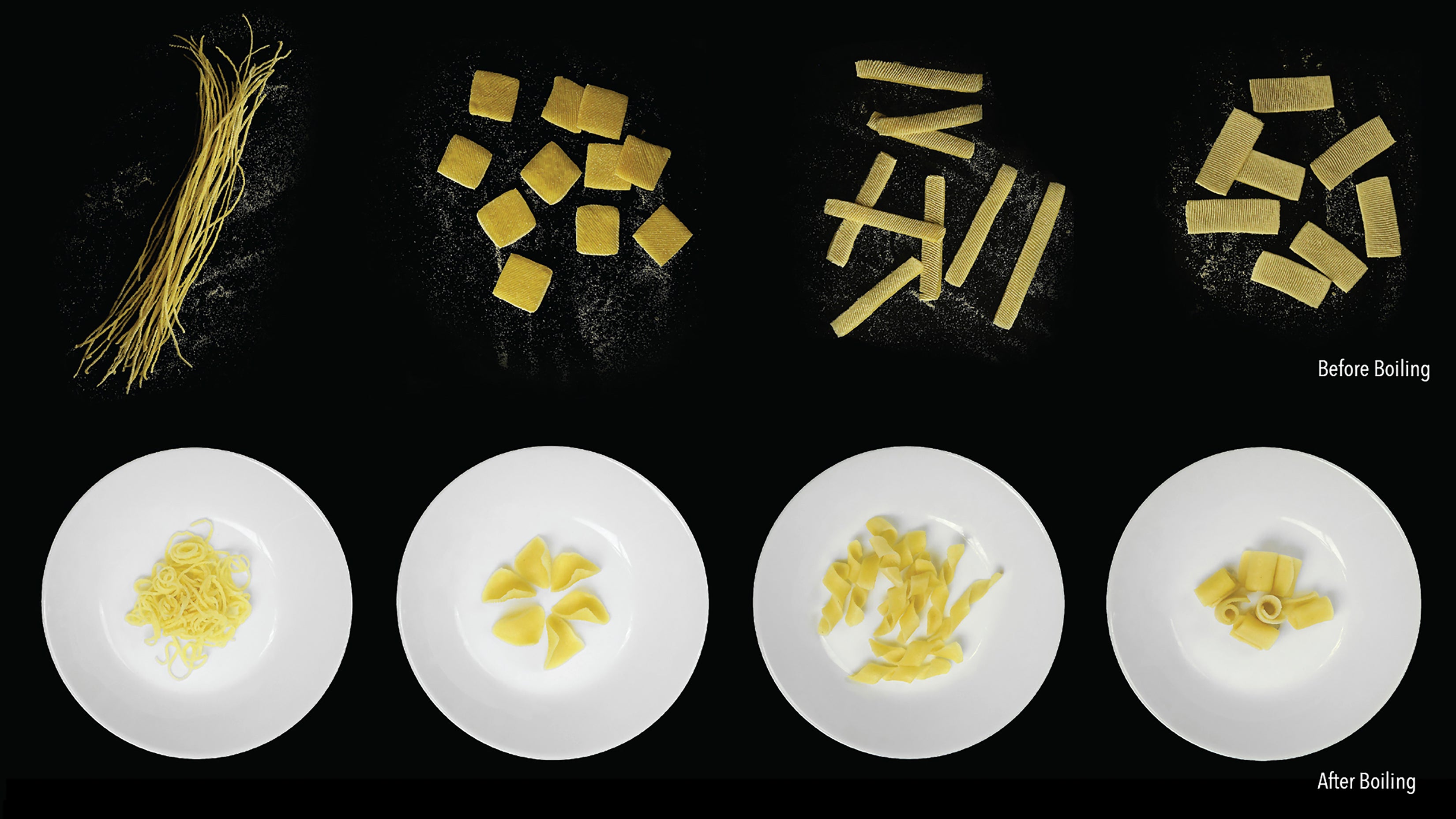 Four different designs of the shape-shifting pasta