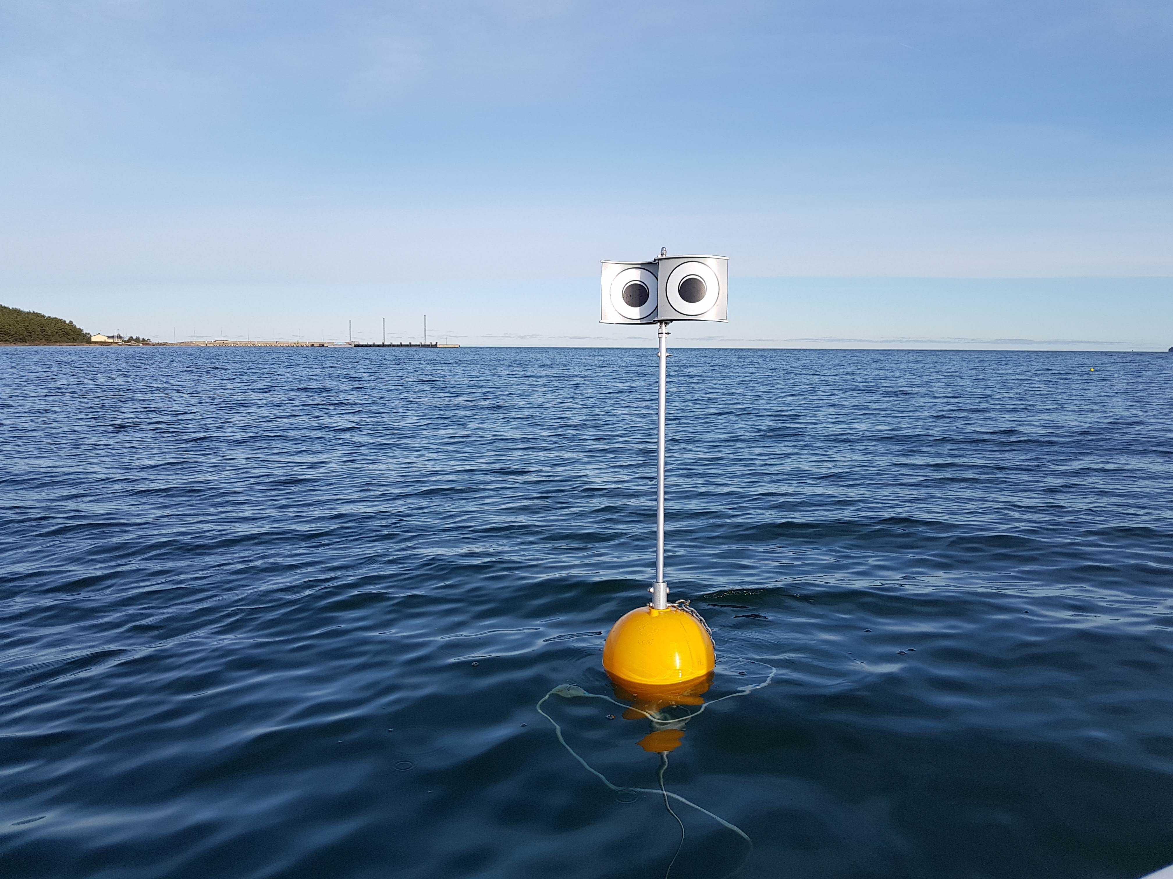 A prototype looming-eyes buoy in waters off Kudema Bay in Estonia