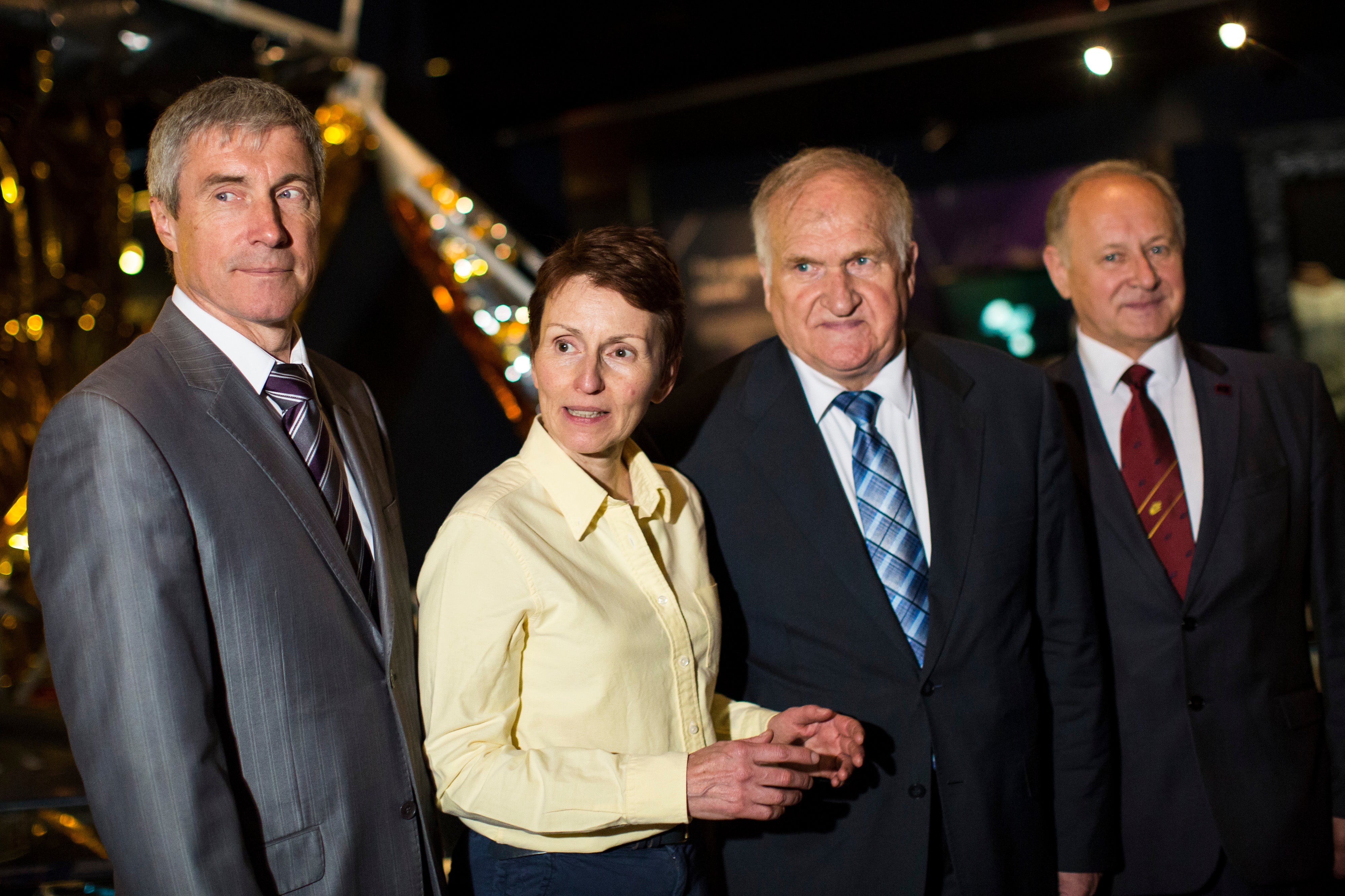 ‘They are the best friends I ever had’ – Sharman with her crew: Sergei Krikalev, Anatoli Artsebarski and their commander Viktor Afanasyev