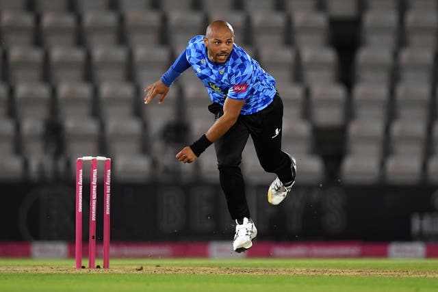 Tymal Mills bowls for Sussex Sharks during a Vitality Blast game against Hampshire