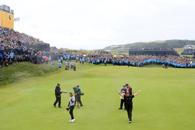 Shane Lowry of Ireland celebrates at Royal Portrush during the 148th Open Championship