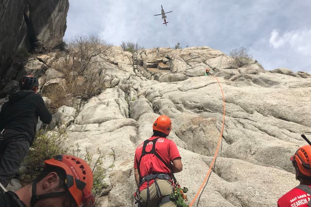 Salt Lake County Sheriff’s Search and Rescue teams try to rescue a climber in Utah who pulled a refrigerator sized rock onto himself in a region known as “Certain Death."