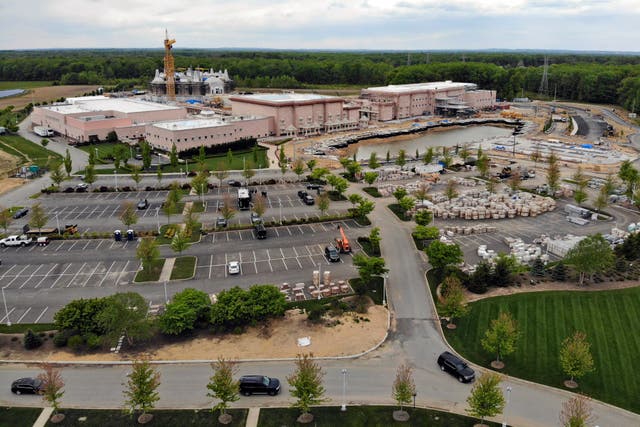 <p>A view of the BAPS Shri Swaminarayan Mandir in Robbinsville Township, New Jersey, on 11 May, 2021. A lawsuit claims workers from marginalized communities in India were lured to New Jersey and forced to work more than 12 hours per day at slave wages to help build a Hindu temple</p>