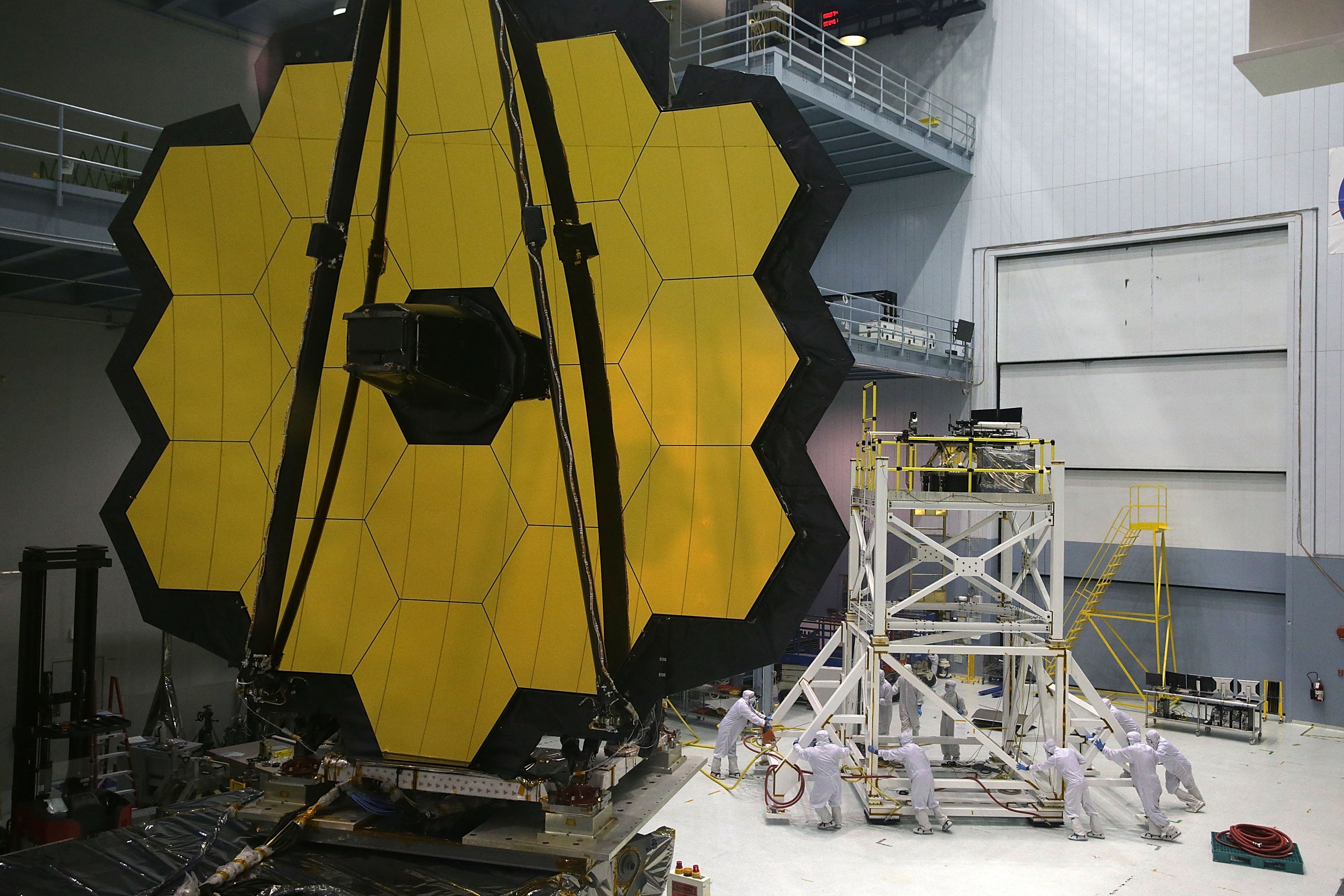 Engineers and technicians assemble the James Webb Space Telescope November 2, 2016 at NASA’s Goddard Space Flight Center in Greenbelt, Maryland