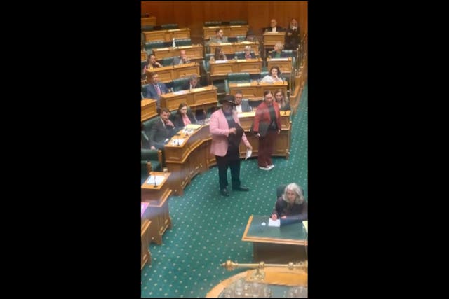 <p>In this screengrab from video, indigenous New Zealand lawmaker Rawiri Waititi, centre, performs a Maori haka in Parliament in Wellington on 12 May, 2021</p>