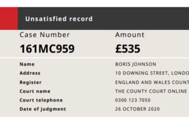 <p>Screengrab of county court judgment against Boris Johnson</p>