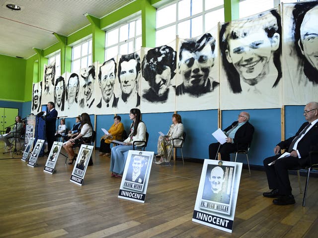 <p>Family members of the Ballymurphy victims after listening to the findings of the inquest report</p>