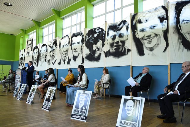 <p>Family members of the Ballymurphy victims after listening to the findings of the inquest report</p>