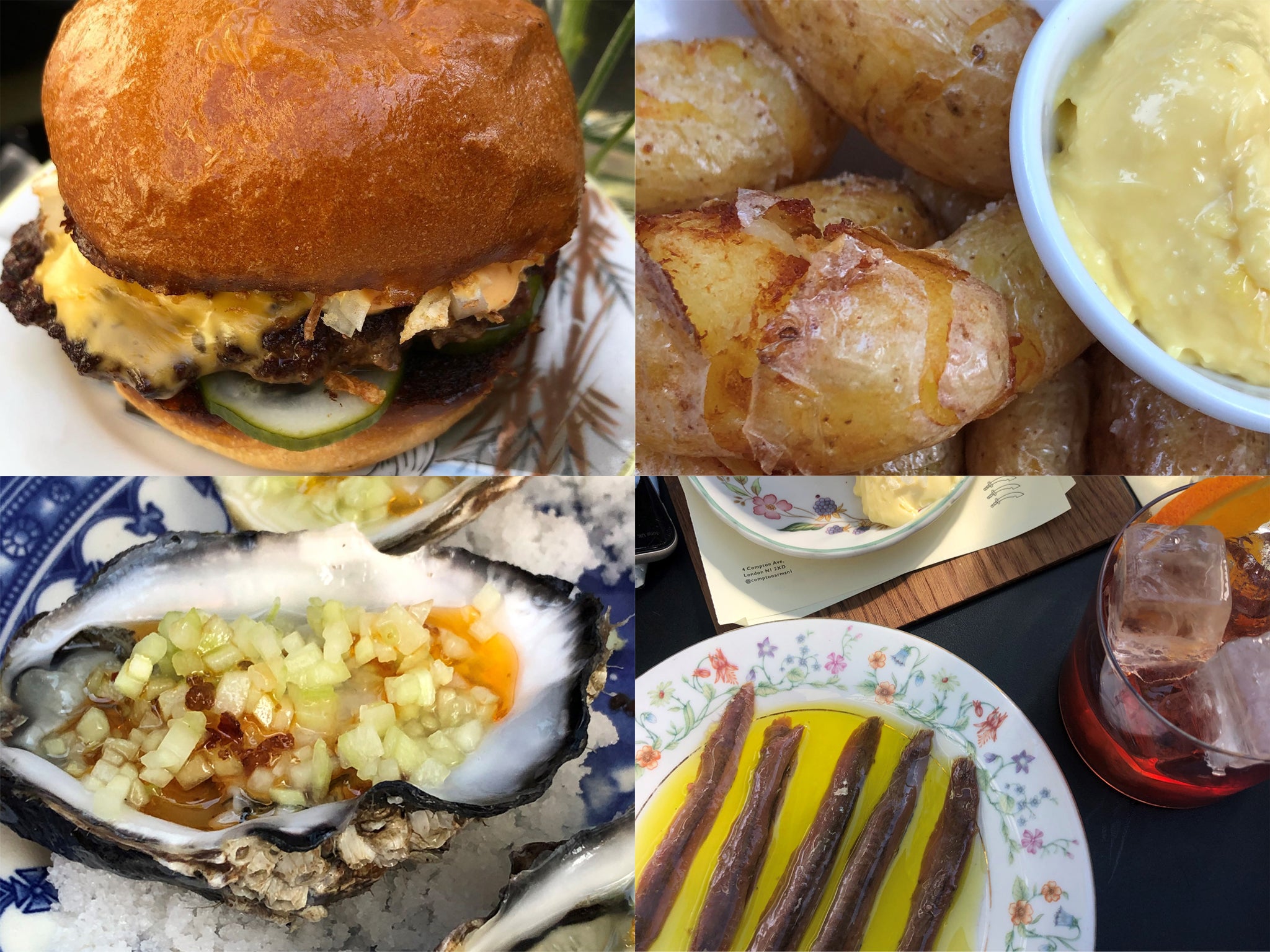 Clockwise from right: the Dexter cheeseburger; fried potatoes with aioli; sourdough, mezcal negroni and Cantabrian anchovies; oysters