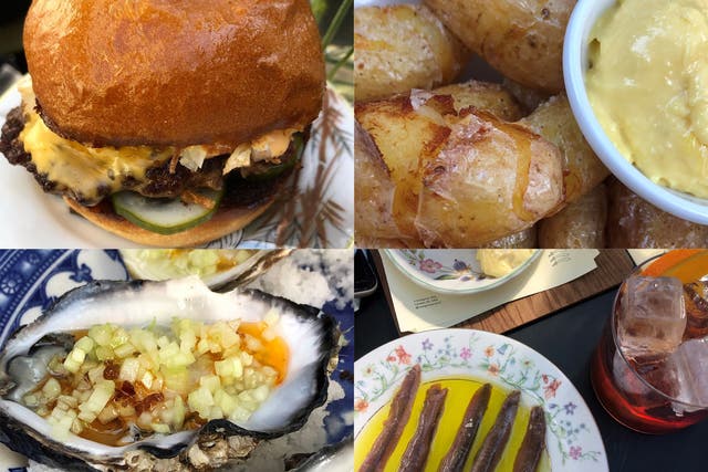 <p>Clockwise from right: the Dexter cheeseburger; fried potatoes with aioli; sourdough, mezcal negroni and Cantabrian anchovies; oysters</p>