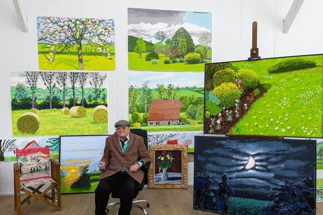<p>David Hockney  in his Normandy studio earlier this year with his latest iPad landscapes that are going on show at the RA next week </p>