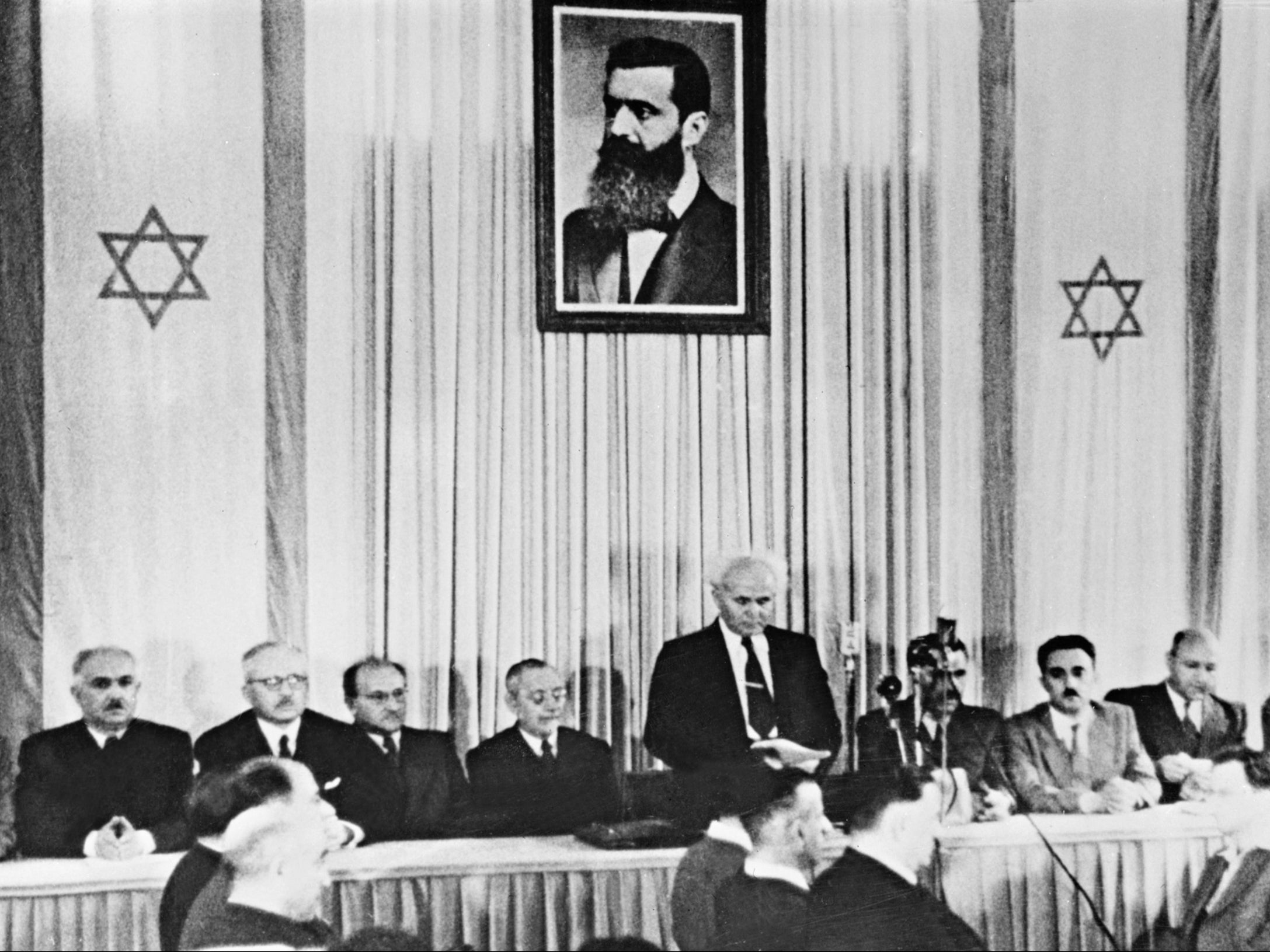 The first Israeli prime minister David Ben-Gurion officially proclaims the state of Israel in Tel Aviv in 1948