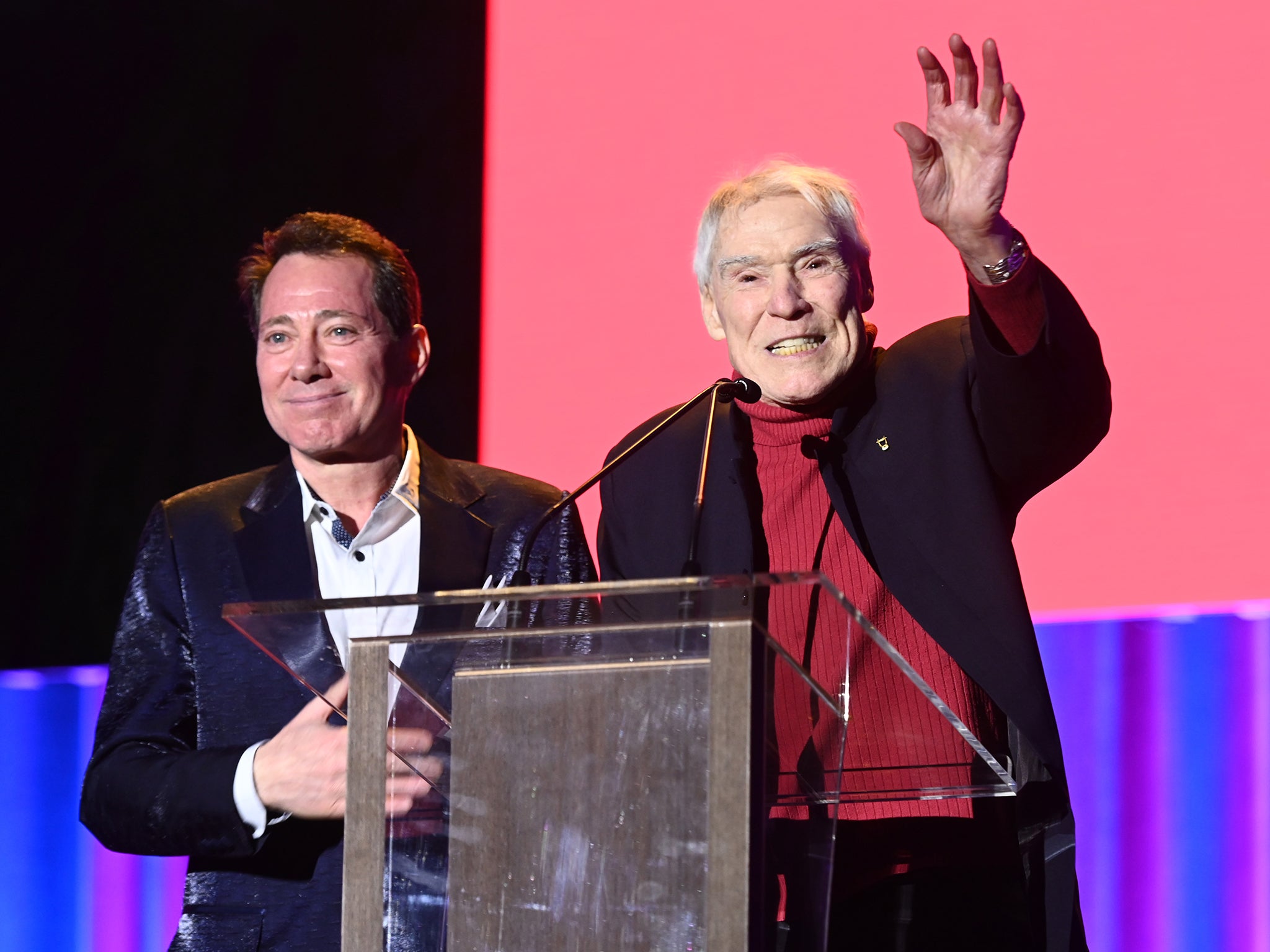D'Amboise speaks on stage at the National Dance Institute’s annual gala in New York in 2019