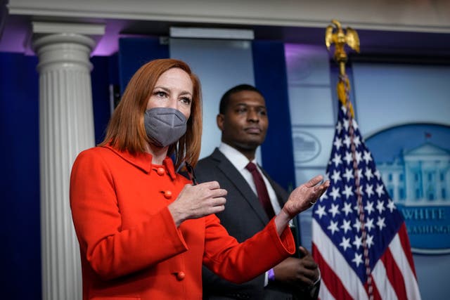 <p>White House Press Secretary Jen Psaki speaks as Administrator of the Environmental Protection Agency (EPA) Michael Regan looks on during the daily press briefing at the White House on May 12, 2021 in Washington, DC</p>