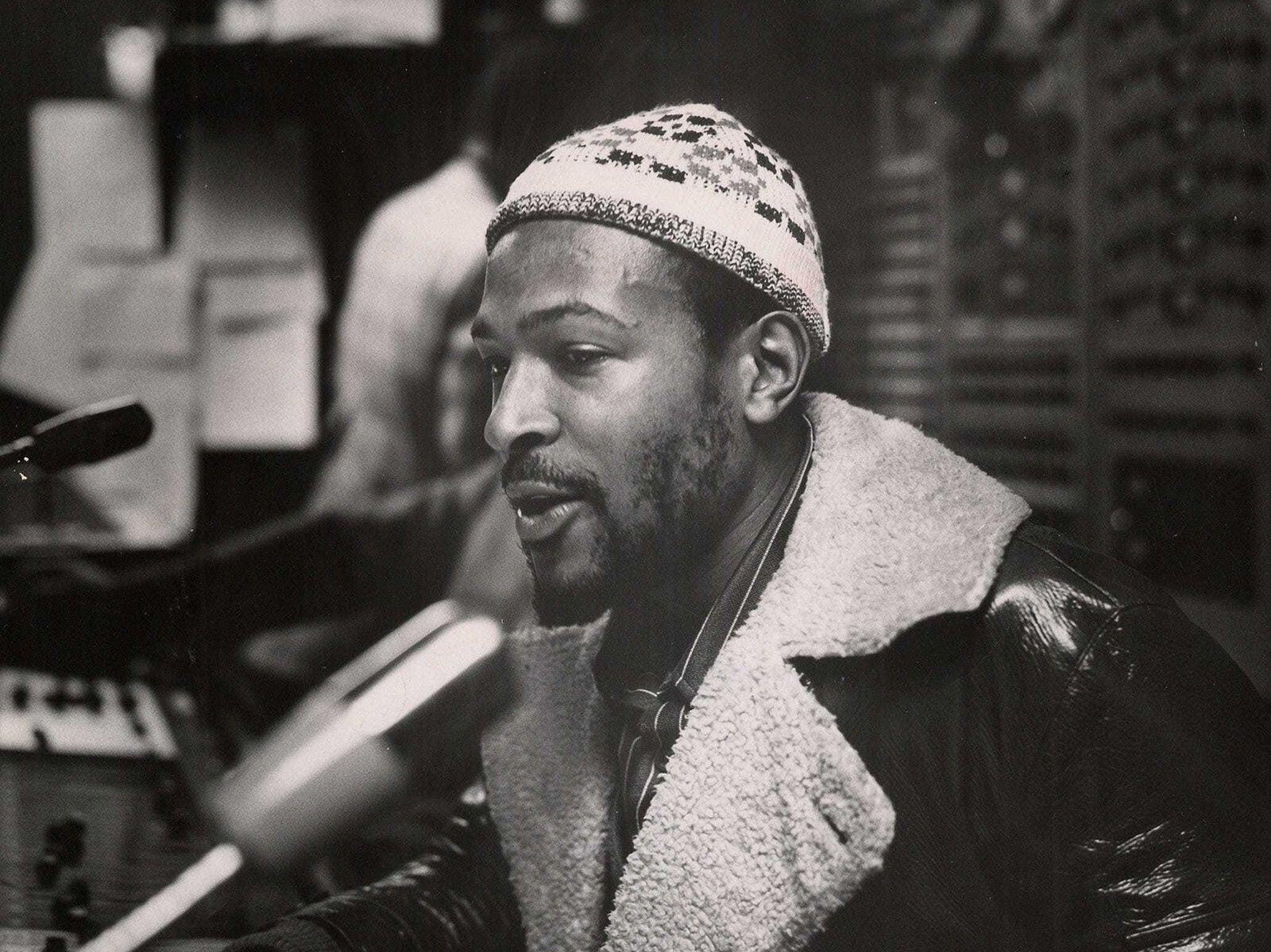 Marvin Gaye photographed by Gordon Staples, concertmaster of the Detroit Symphony Orchestra, in the Motown studio console room in early 1971