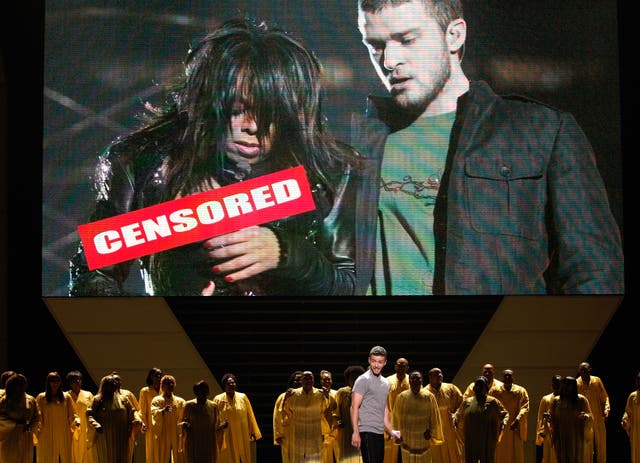<p>File image: Justin Timberlake onstage in front of a video of himself and Janet Jackson from Super Bowl 2004</p>