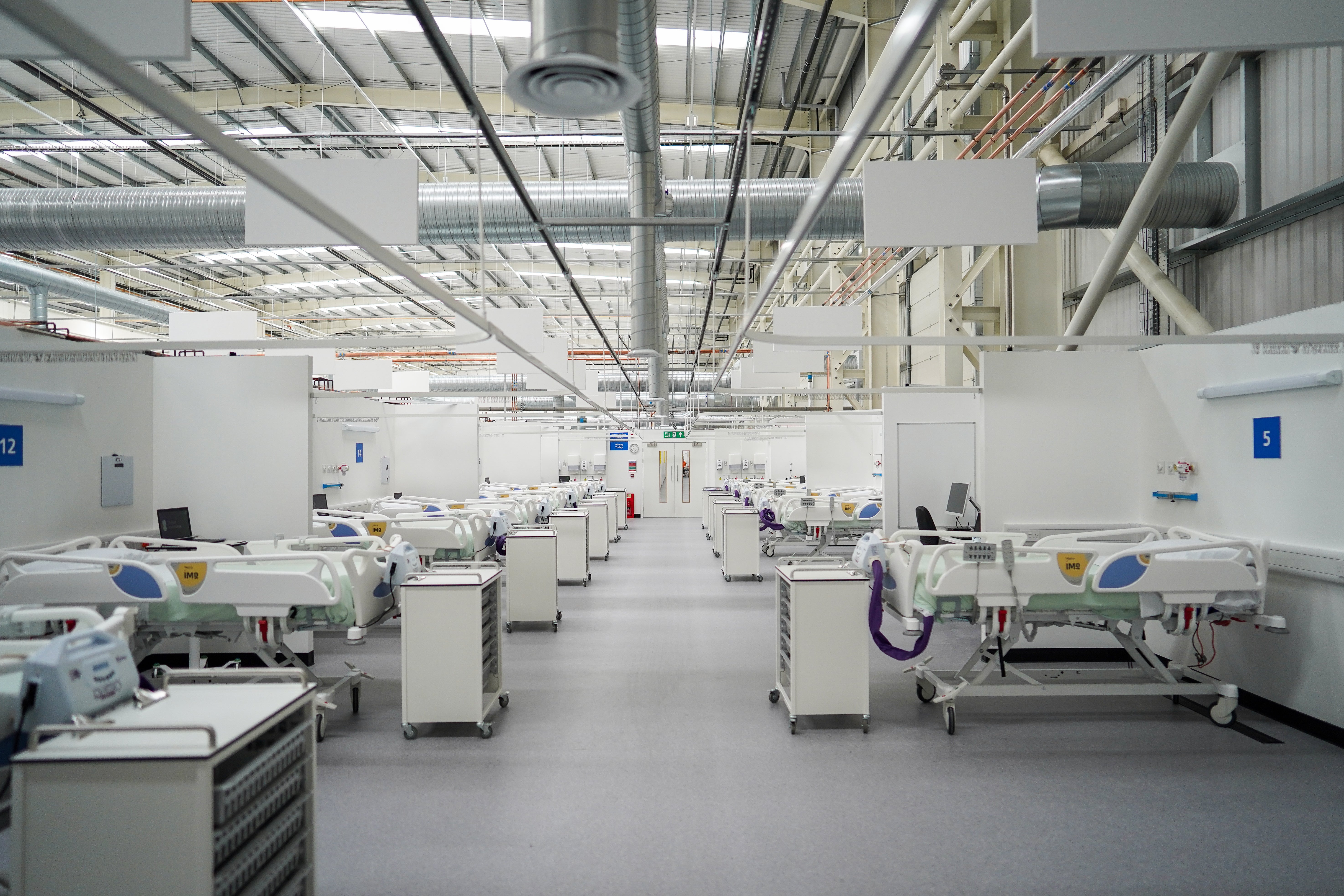 A view along ICU ward 1 at the new NHS Nightingale North East hospital opened in response to the coronavirus pandemic 