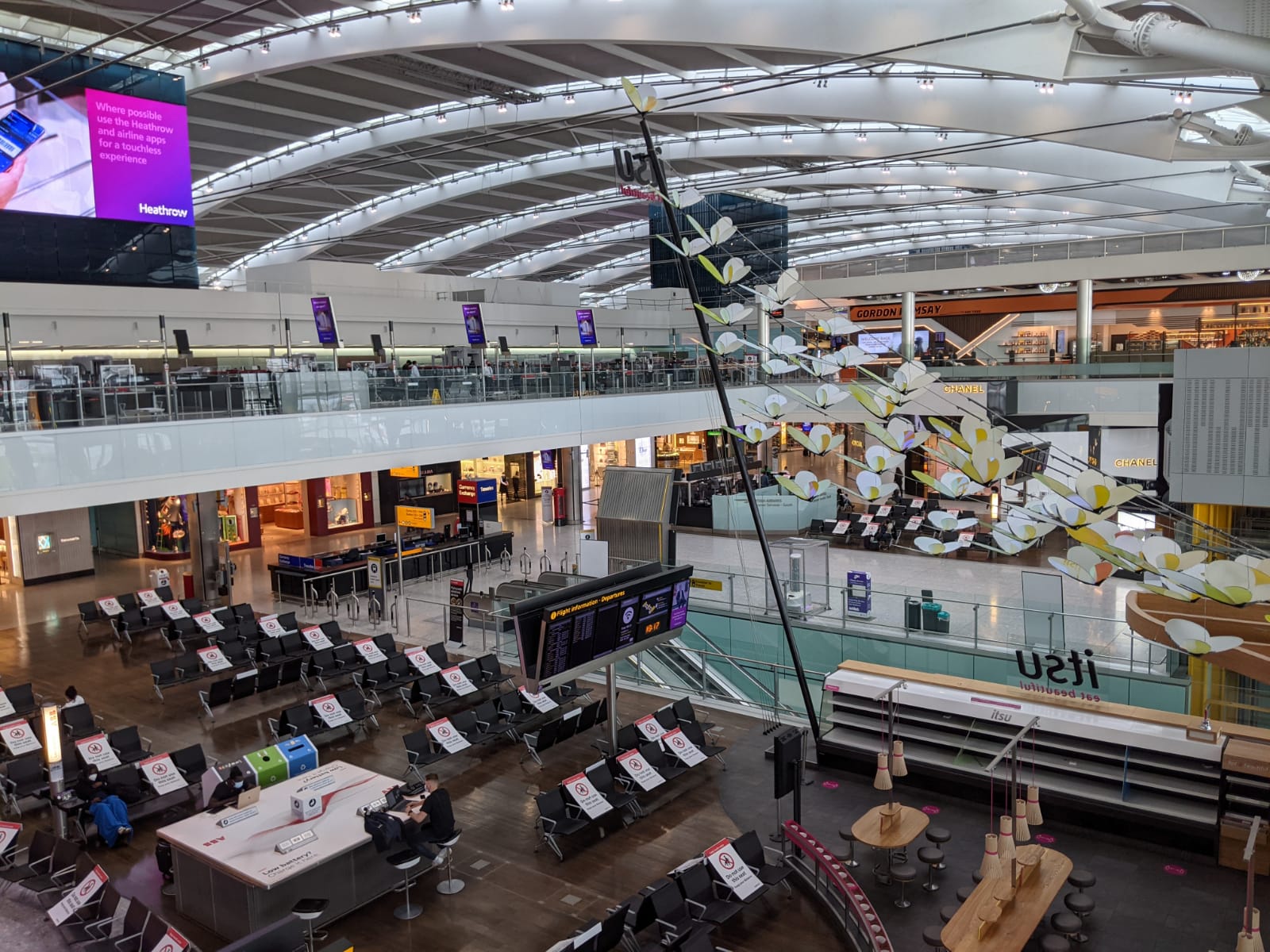 The departures area of T5, where seats are blocked off to allow for social distancing