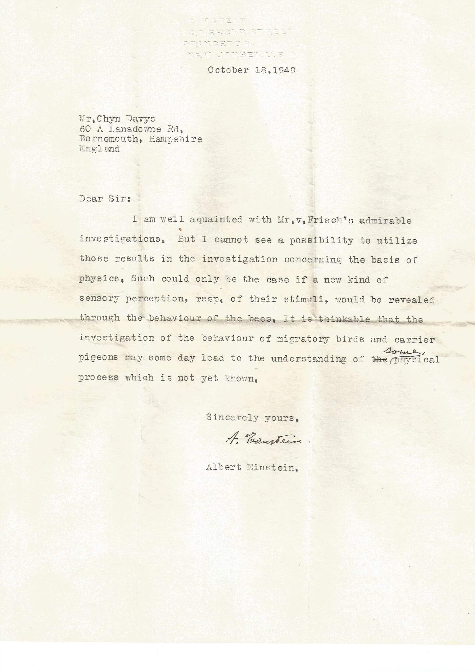 Letter by Albert Einstein, validated by The Hebrew University of Jerusalem, where Einstein bequeathed his notes, letters and records