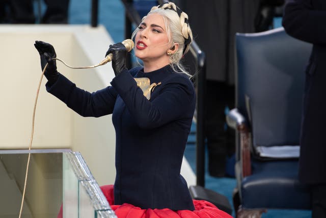 Lady Gaga sings at President Joe Biden’s inauguration on 20 January 2021 in Washington, DC