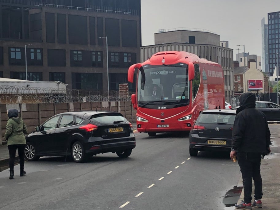 Protestors block a Liverpool team bus