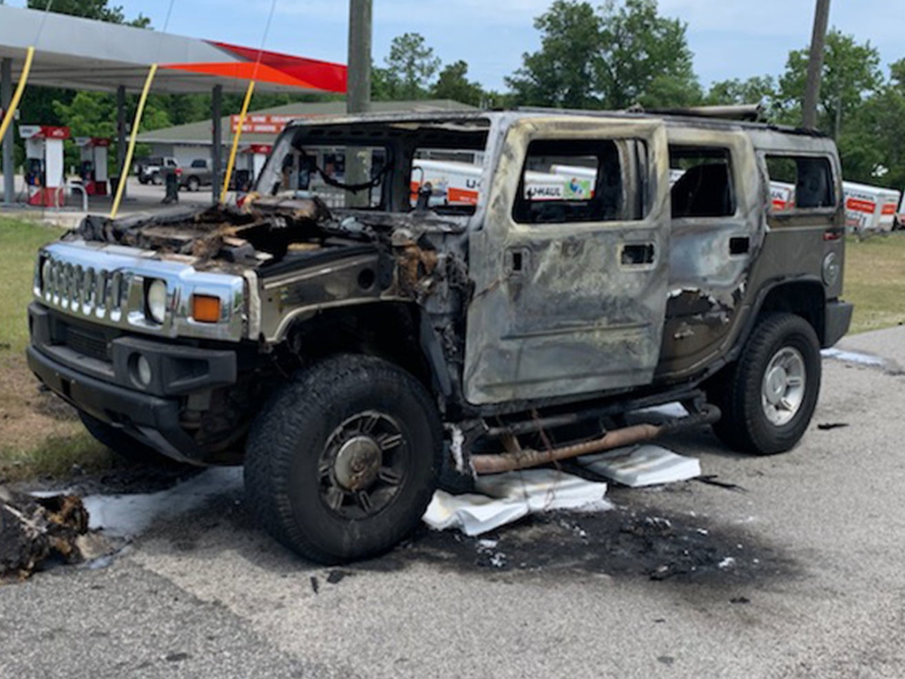A Hummer carrying four cans of gas burst into flames just after filling up north of Tampa, Florida on 12 May, 2021. 