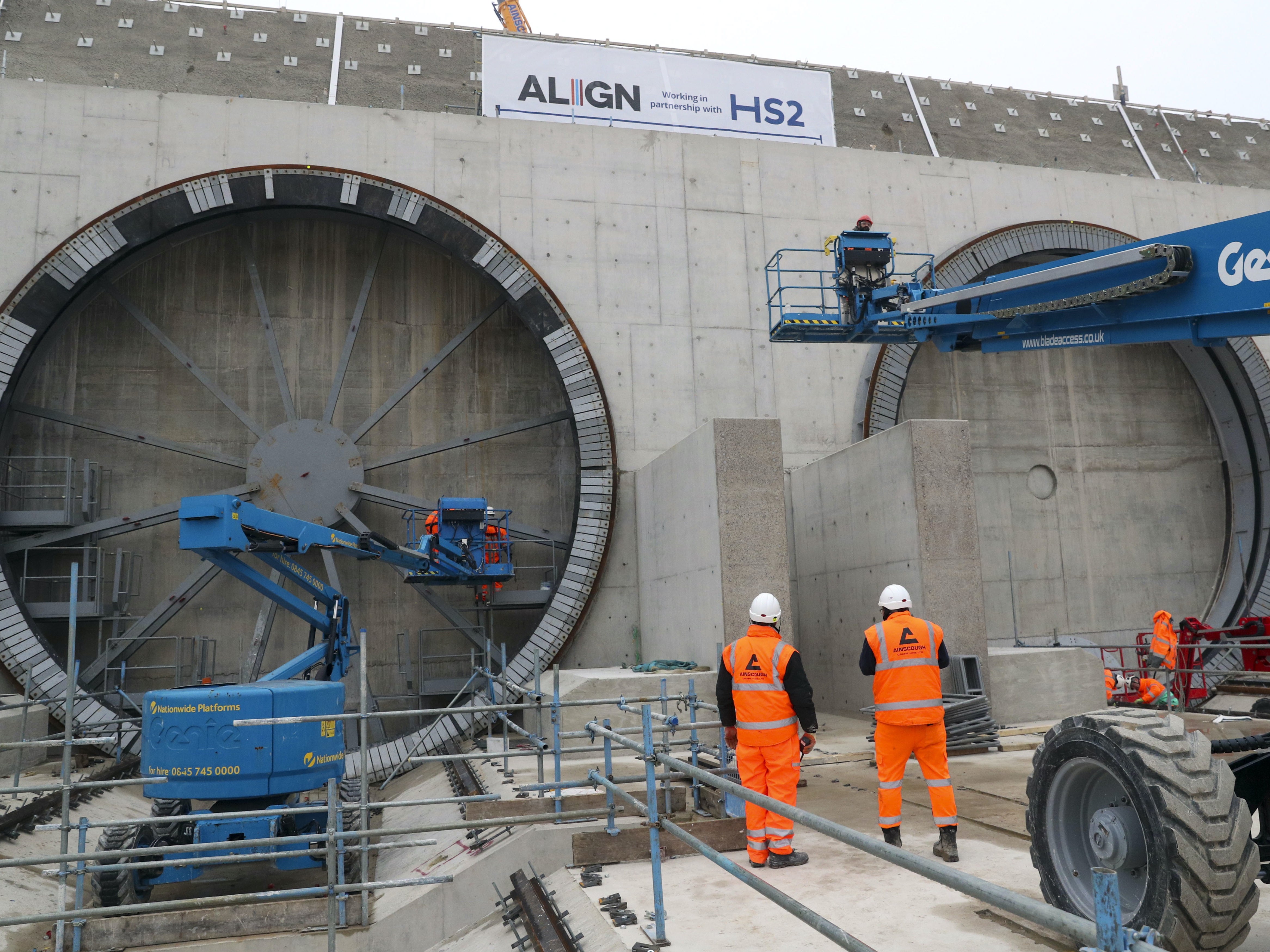 Workers prepare tunnel entrance at the HS2 site in Buckinghamshire