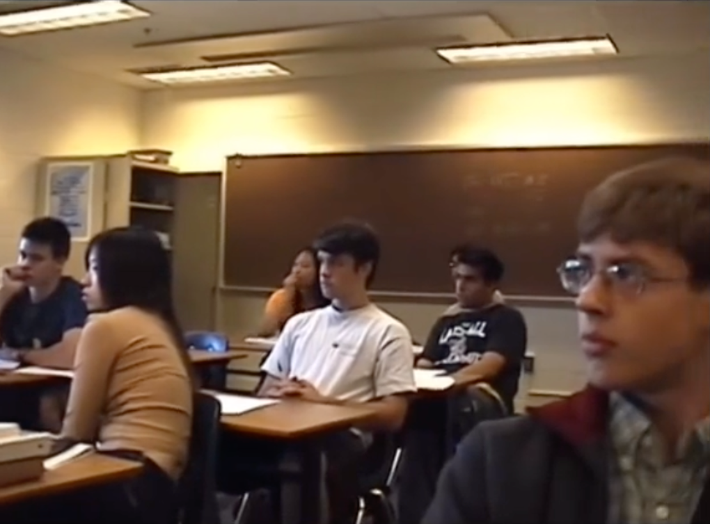 Virginia high school students listen in silence to a news broadcast on 11 September, 2001