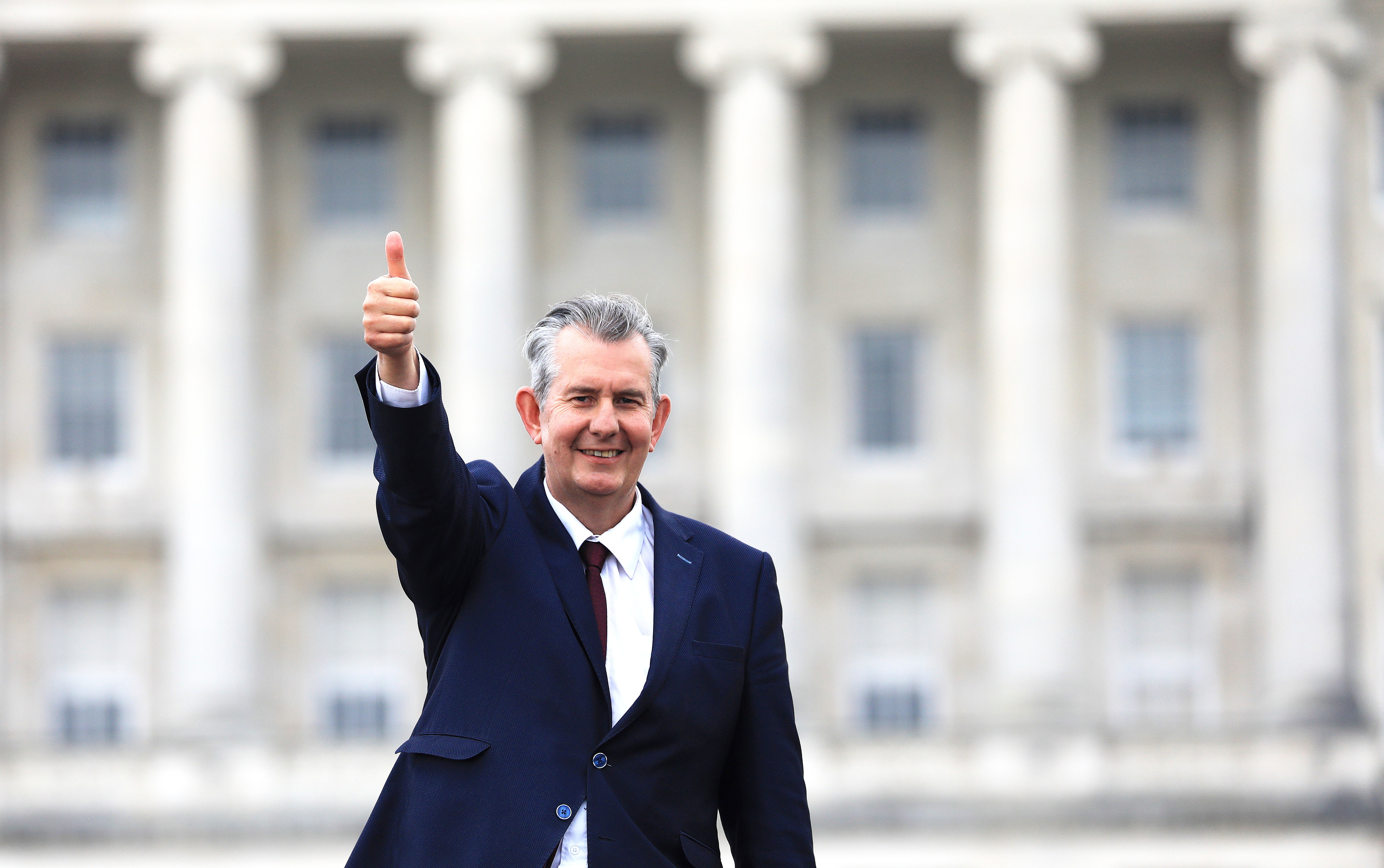 Edwin Poots gives the thumbs up outside Stormont after being elected as the new party leader
