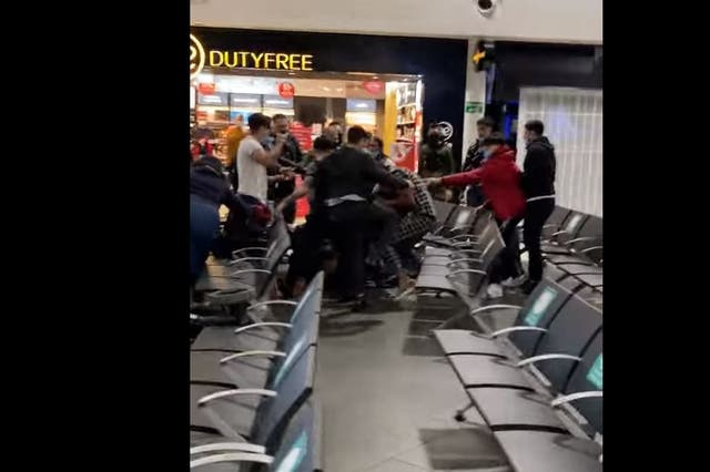 Video of the brawl at Luton Airport was uploaded to social media by other passengers