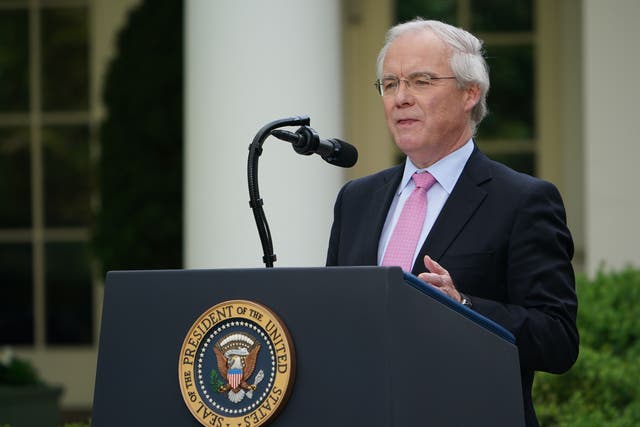 <p>Kroger CEO, Rodney McMullen, speaks during a news conference with President Donald Trump on the coronavirus at the White House on April 27, 2020. He is accused of awarding himself a $22.4m bonus whilst cutting worker pay during the pandemic</p>