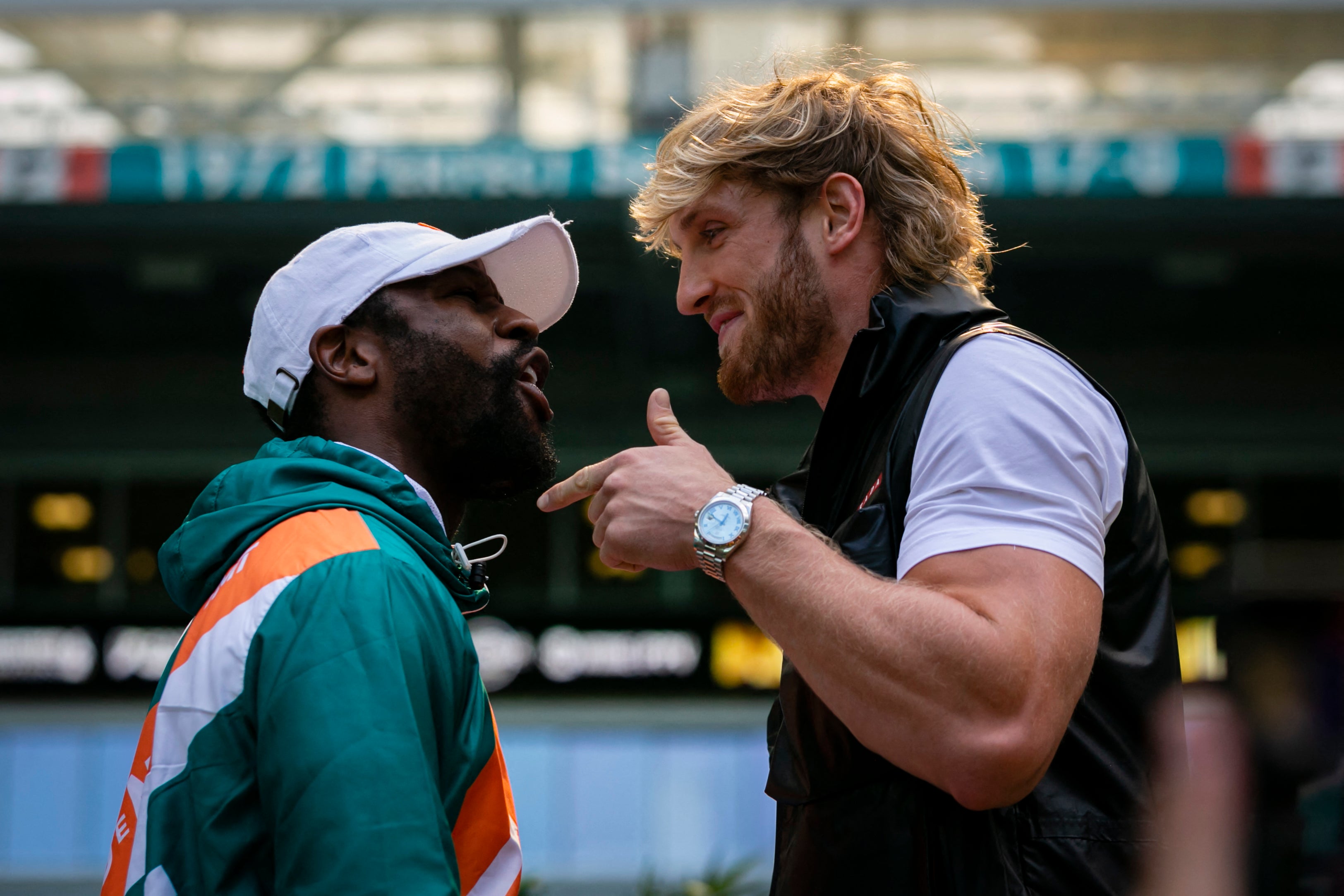 Floyd Mayweather and Logan Paul square up at a recent promotional event