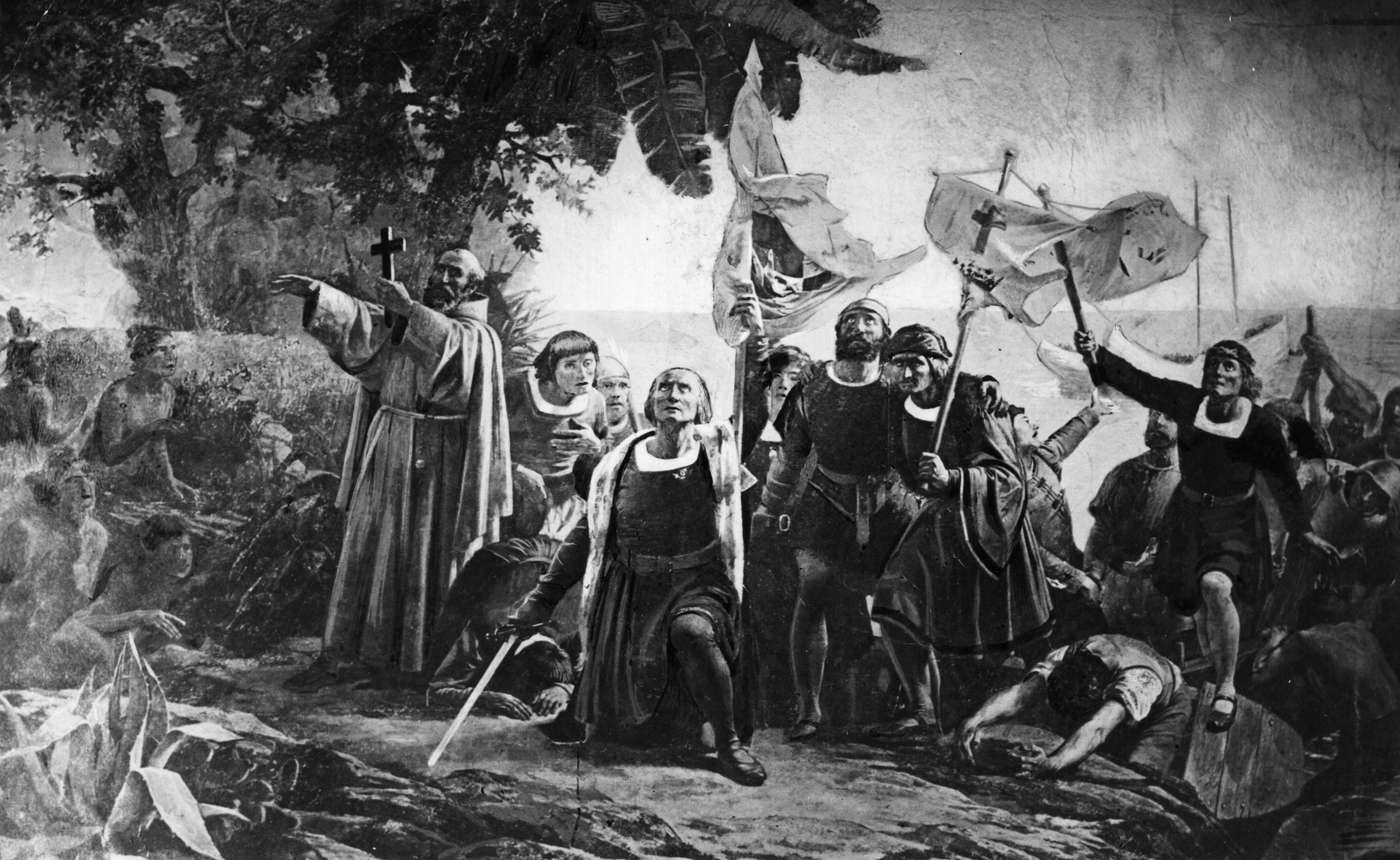 Columbus landing in America in 1492 with the Piuzon Brothers bearing flags and crosses