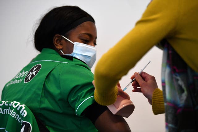 Volunteers learn how to administer an injection during a vaccinator training day lesson ran by the St John’s Ambulance in Canary Wharf, east London, on 30 January, 2021.