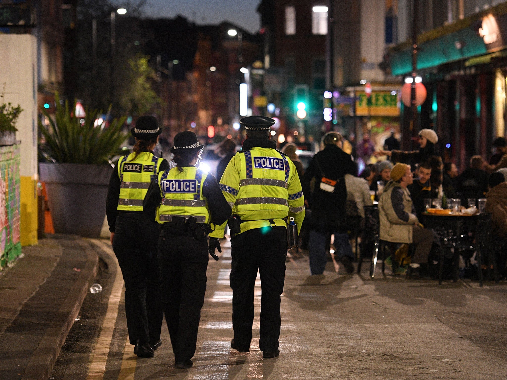 Police officers patrol the streets in Manchester’s Northern Quarter in April