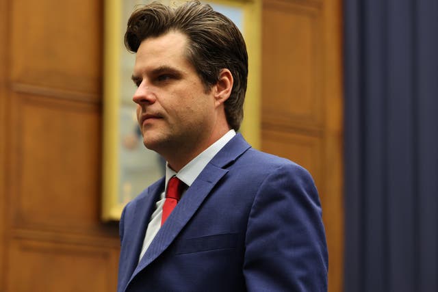 <p>Florida Congressman Matt Gaetz walks through the U.S. House of Representatives</p>