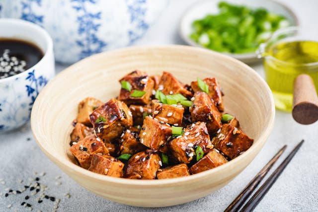 <p>There’s deep, complex flavours at work in this glazed tofu dish</p>
