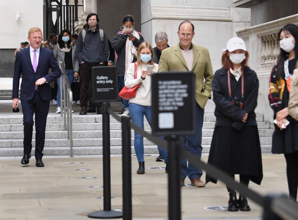 Dowden (left) joins gallery-goers this morning at London’s National Gallery