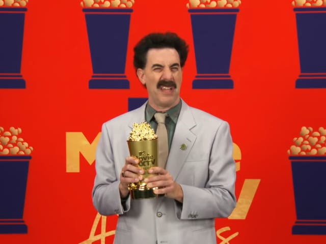 <p>Sacha Baron Cohen appears as Borat during the MTV Movie & TV Awards 2021</p>