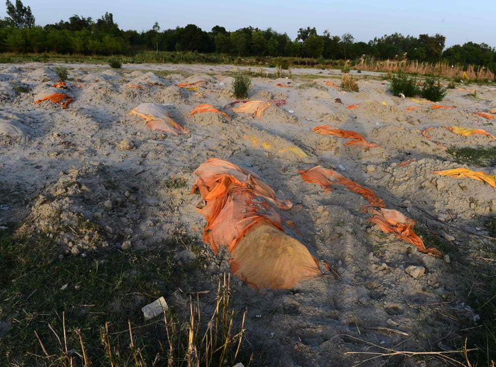 <p>Bodies of suspected Covid-19  victims are seen partially buried in the sand near a cremation ground on the banks of the Ganges</p>